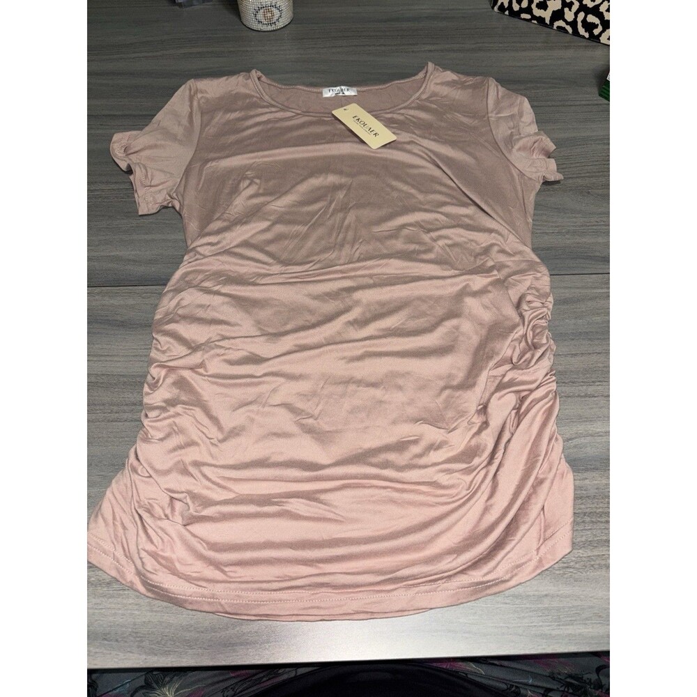 Ekouaer Textured Maternity Shirt Short Sleeve Ruched Large Pink New